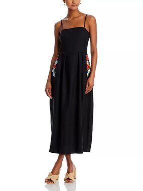 359$ Fanm Mon Floral Embroidery Michou Midi Dress Sleeveless Size XS Black